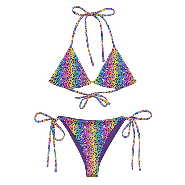 Neon Rainbow Skull Leopard Print Women's Recycled String Bikini