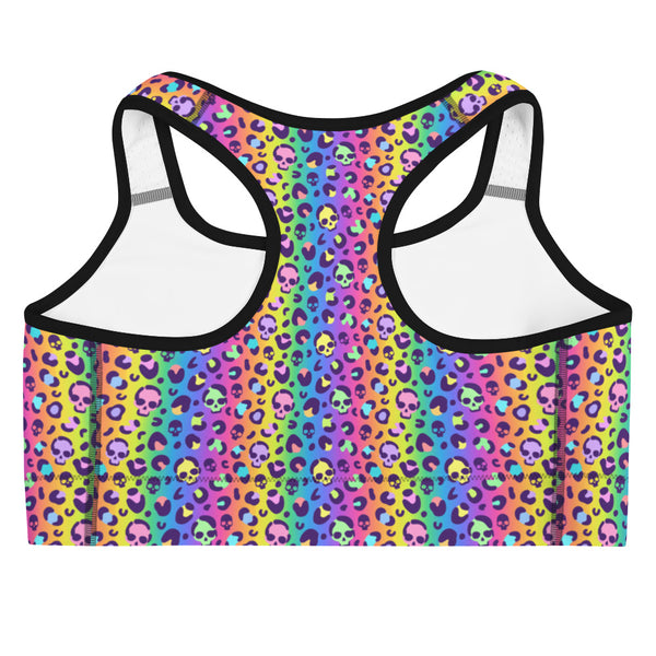 Neon Rainbow Skull Leopard Print Women's Sports Bra