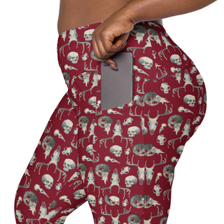 Burgundy Mixed Skull Leggings with Pockets- Fitness Goth Gym and Yoga Clothing