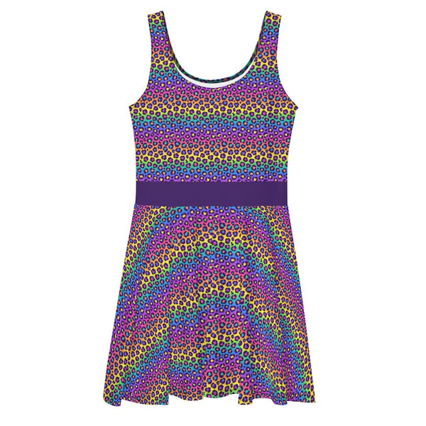 Rainbow Leopard Print Skater Dress- Neon Leopard Print Lisa Frank 90s Inspired Animal Print Women's Skater Dress