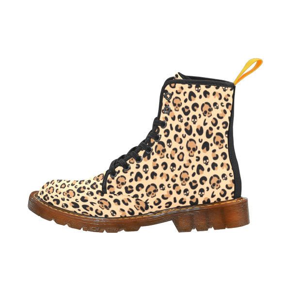 Skull Leopard Print Canvas Combat Boots | Aesthetic Streetwear Fashion for Men and Women